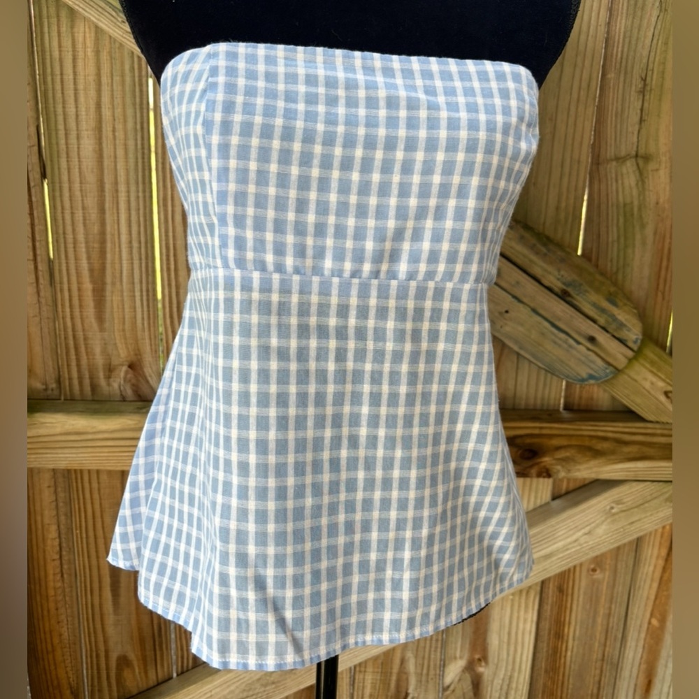 New Socialite Blue & White Gingham Strapless Tie Knot Back Size L